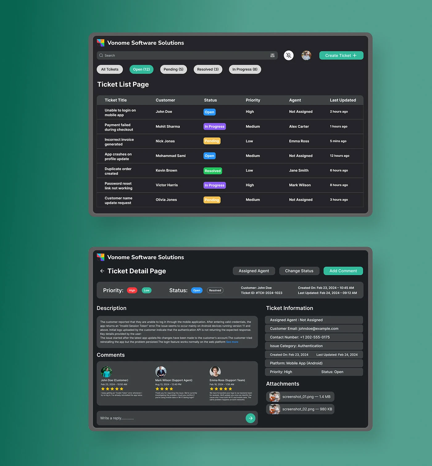Support ticket list and detail screens with status, priority and assignment fields, an external design reference by Mahmudul Hasan Dip